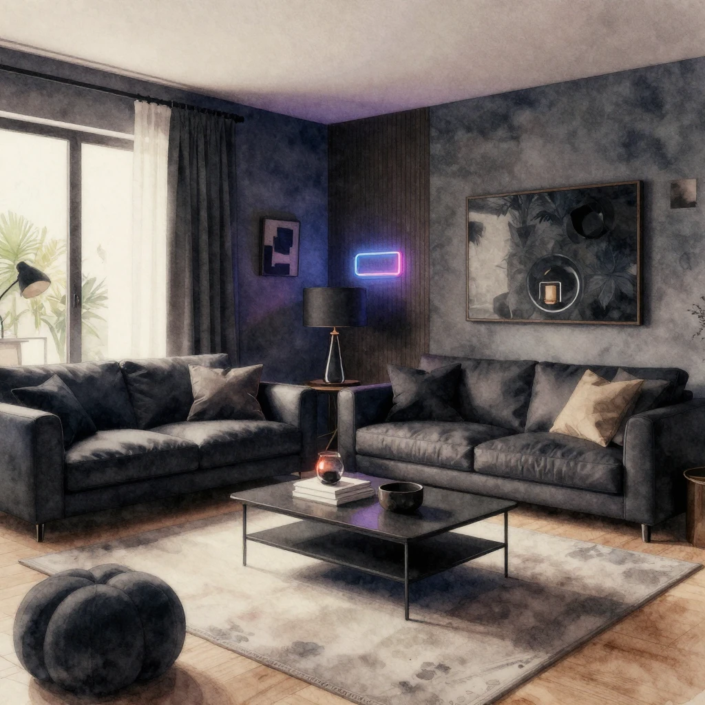Watercolor style. A dark, modern living room interior with s...