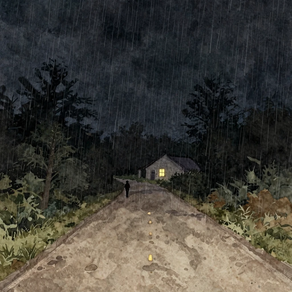 Watercolor painting of a dark night scene with heavy rain. A...