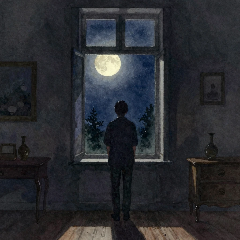 A watercolor painting of a solitary figure silhouetted again...