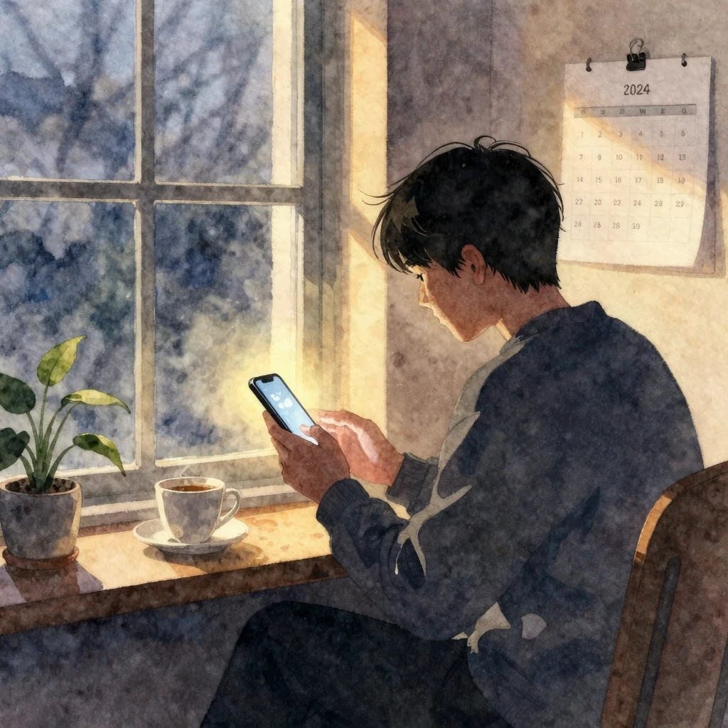 Watercolor style. Silhouette of a person sitting by a window...