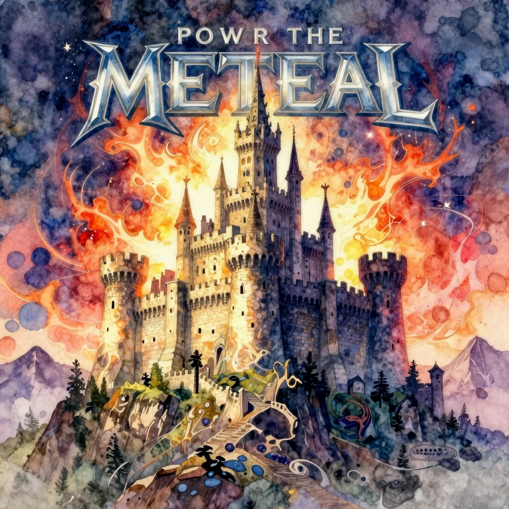 A majestic power metal album cover, featuring an epic fortre...