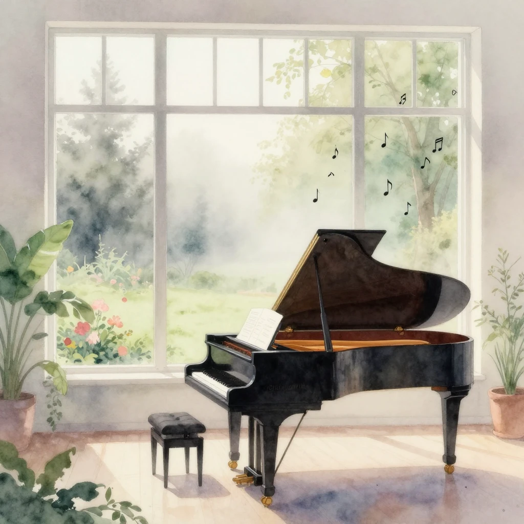 A beautiful watercolor painting of a grand piano standing by...