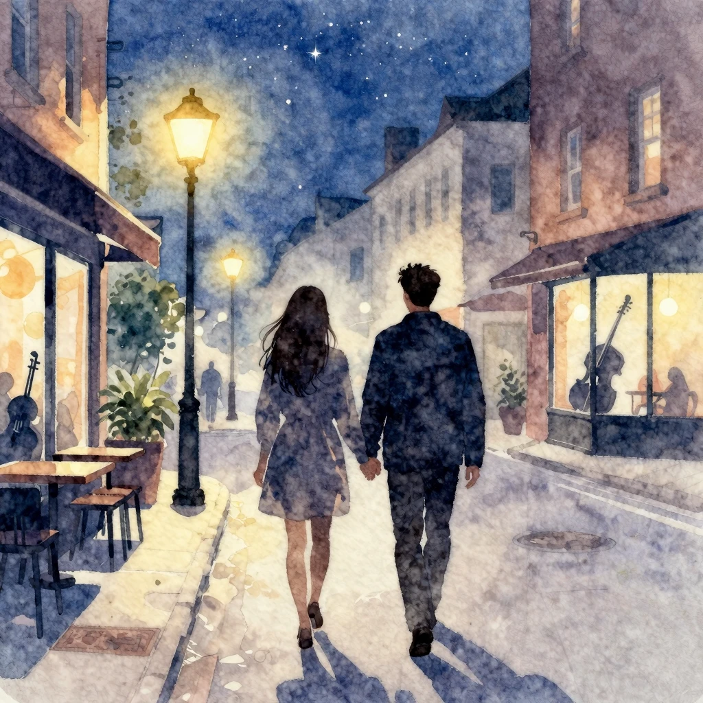 Watercolor painting of two silhouettes of a couple walking h...