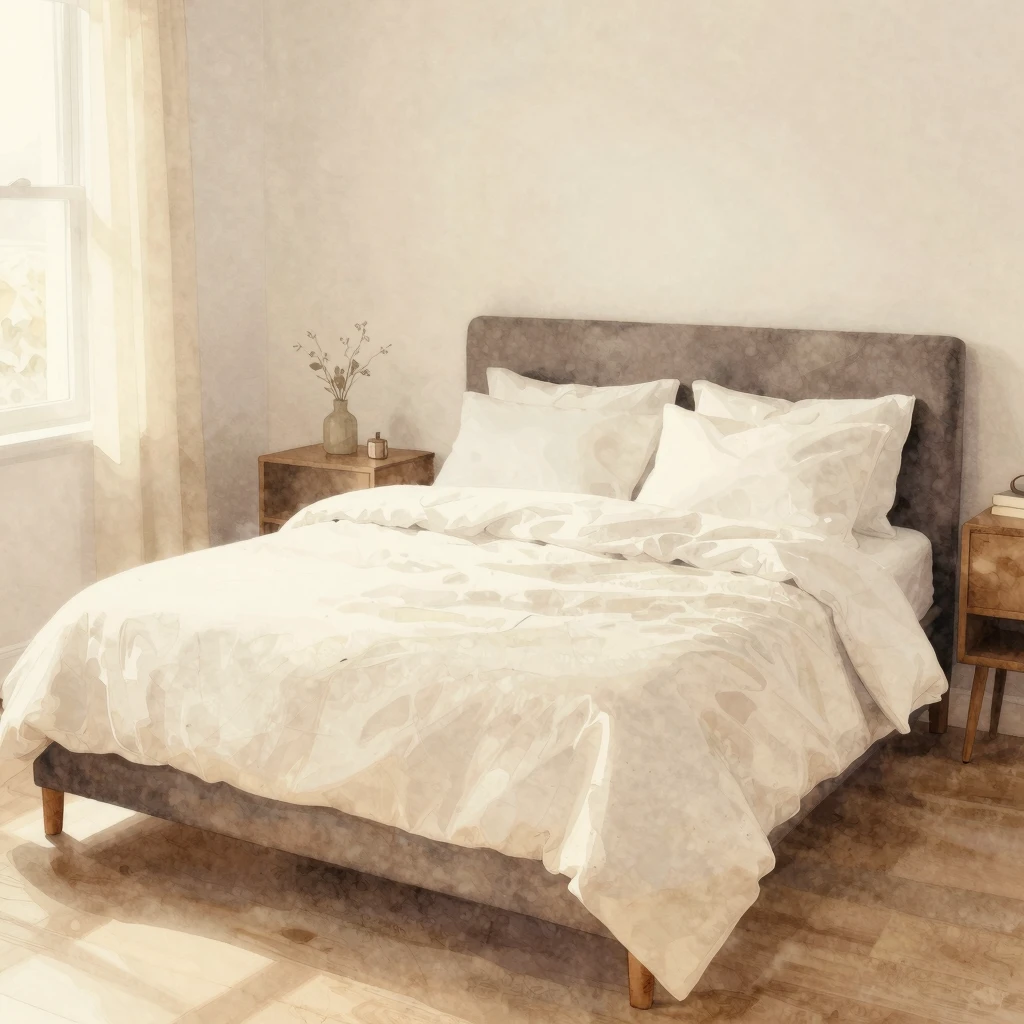 A soft, inviting bedroom scene with a comfortable bed, warm ...