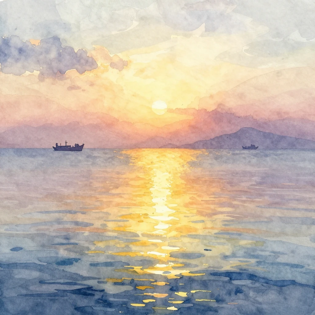 Vibrant watercolor style. A vast, calm sea at dawn, with eth...