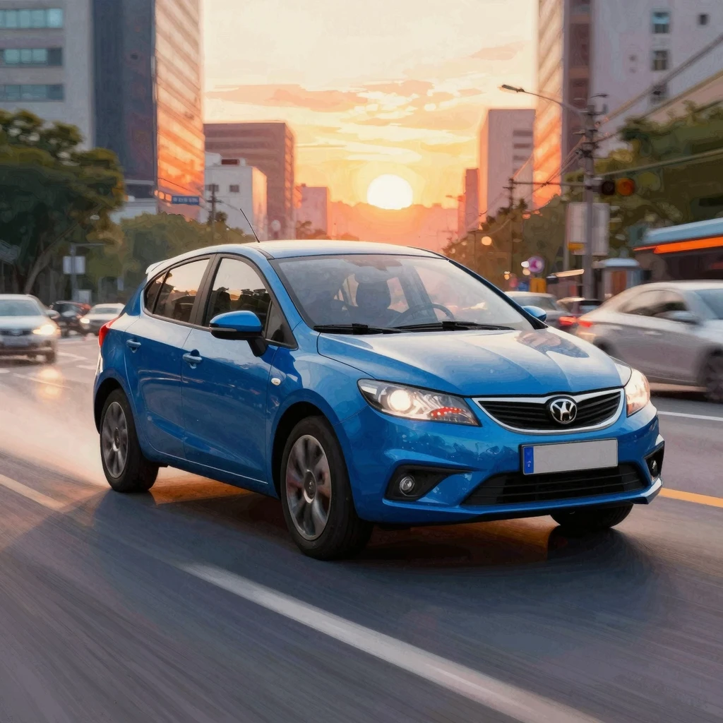 Vibrant watercolor art of a blue ZAZ Chance car speeding thr...
