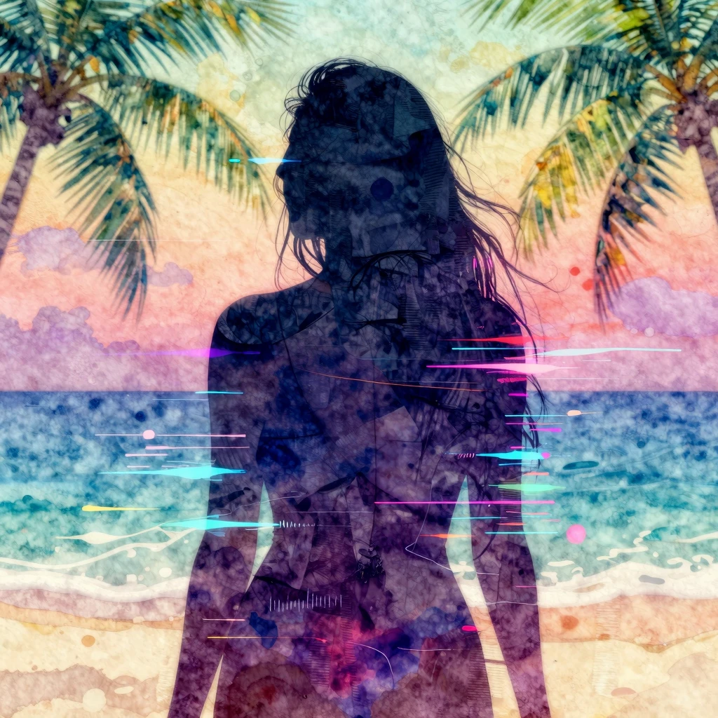 Vibrant watercolor style artwork featuring a double exposure...