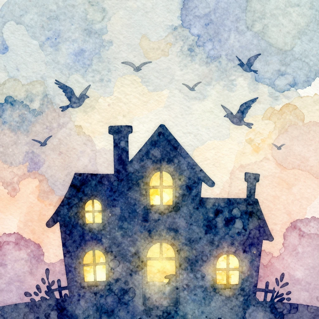 Watercolor style illustration of a fairytale house silhouett...