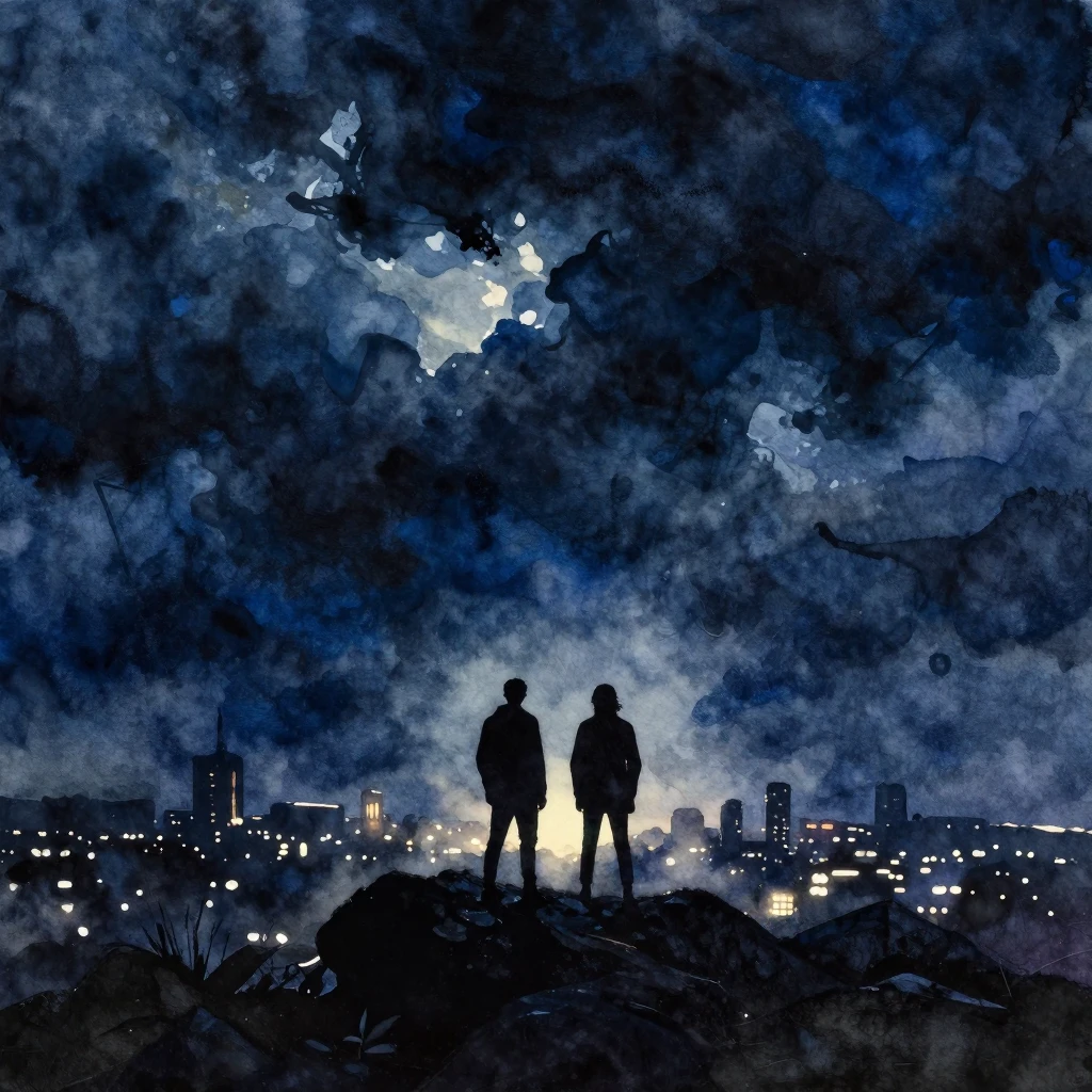 Vibrant watercolor art showcasing a dark, dramatic night sky...