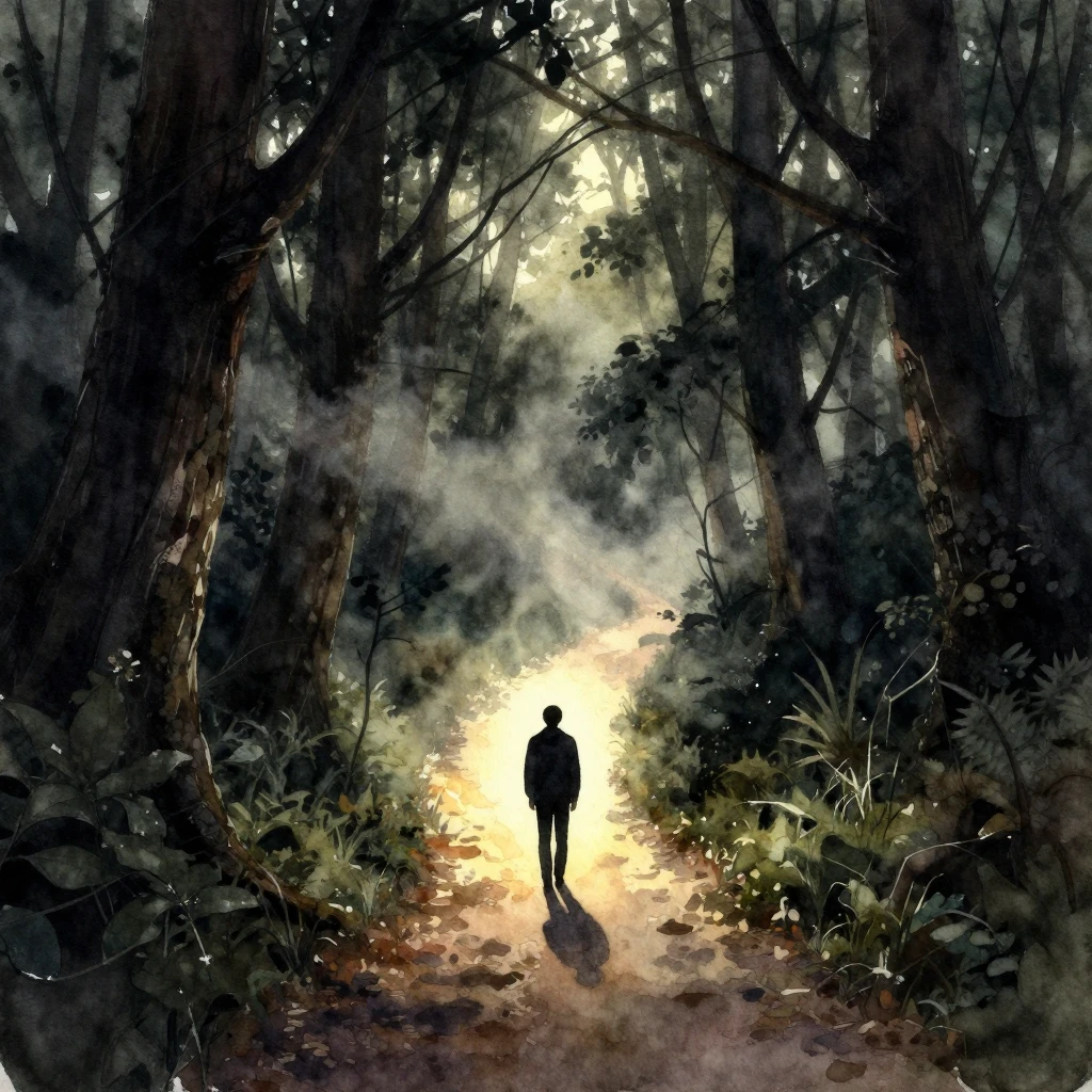 A watercolor painting depicting a profound scene: a lone per...