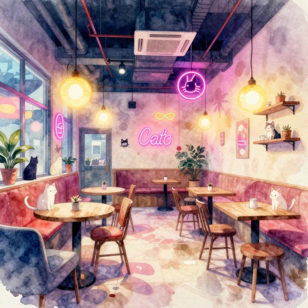 Cozy cat cafe background with neon lights, vibrant watercolo...