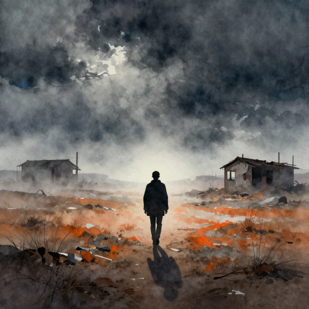 A watercolor painting of a solitary silhouette walking away ...