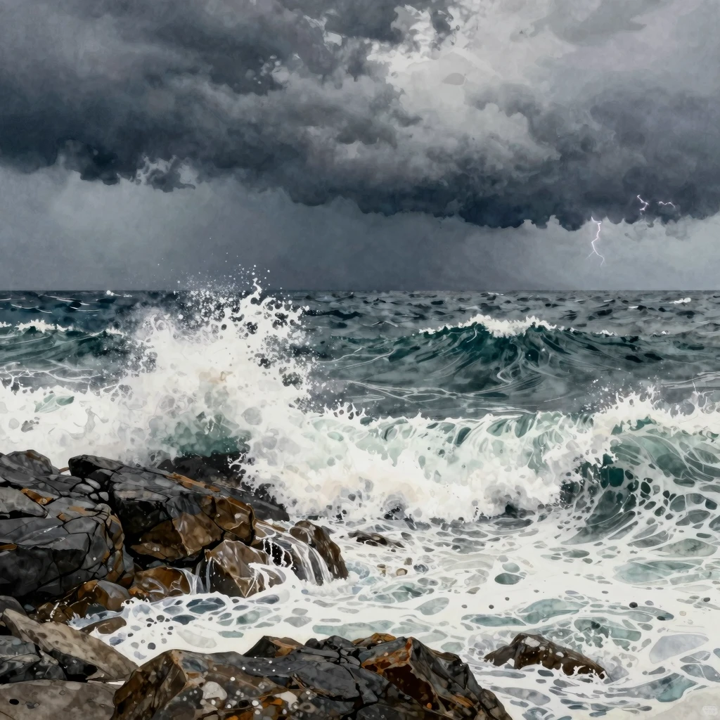 A vast, dark stormy sea with enormous crashing waves against...