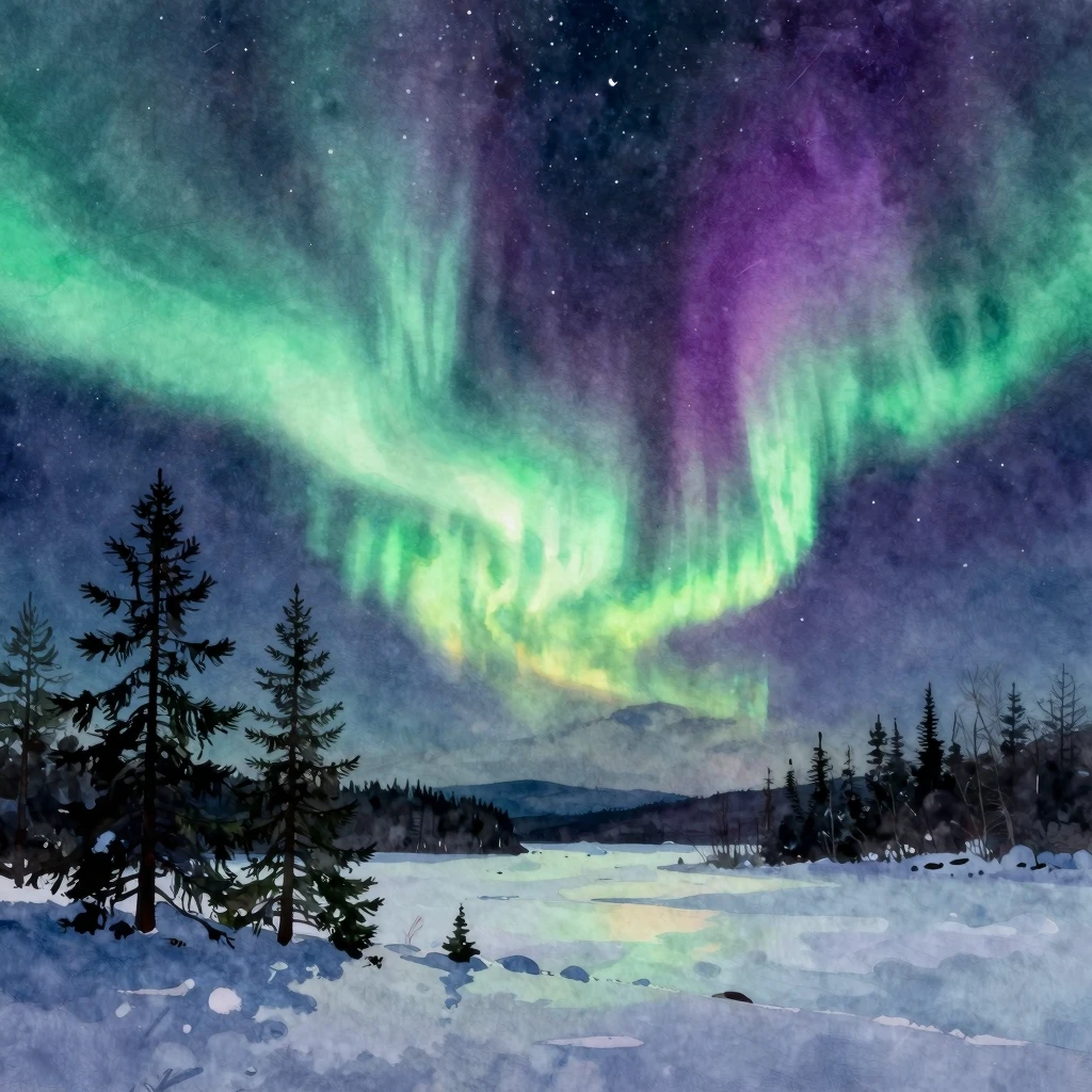Watercolor painting of a night sky filled with vibrant green...