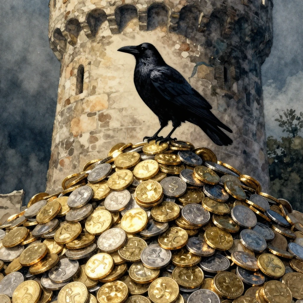 A dark silhouette of a raven perched on a massive pile of sh...