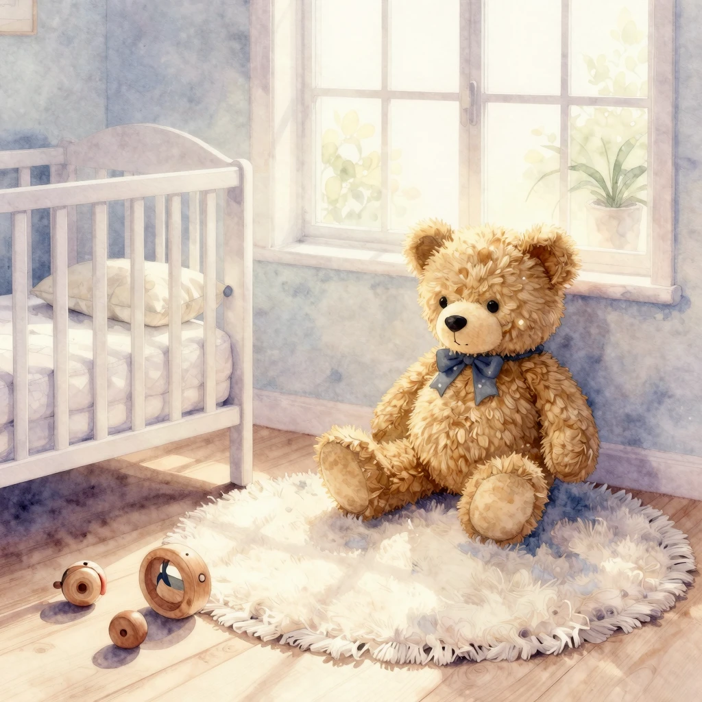 Watercolor painting of a peaceful nursery, soft pastel color...