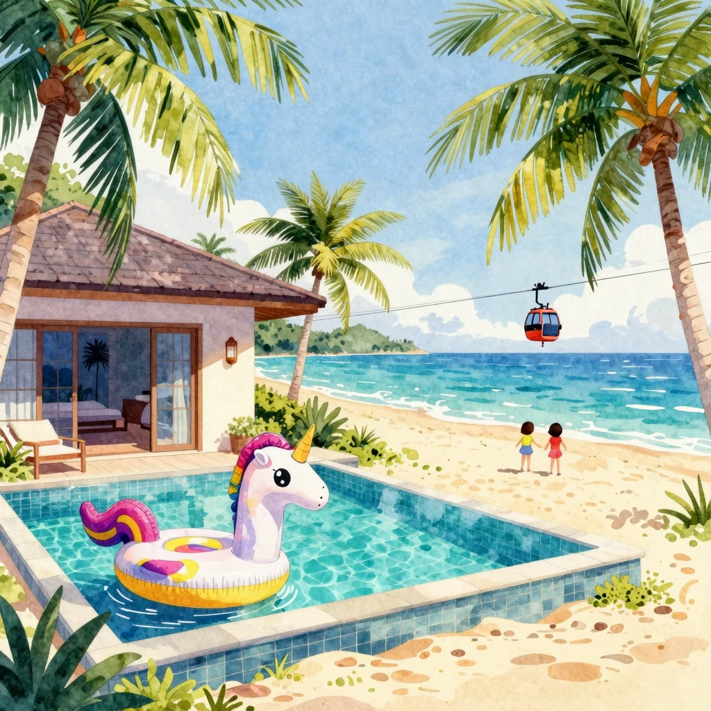 A vibrant tropical beach scene in watercolor style, exuding ...