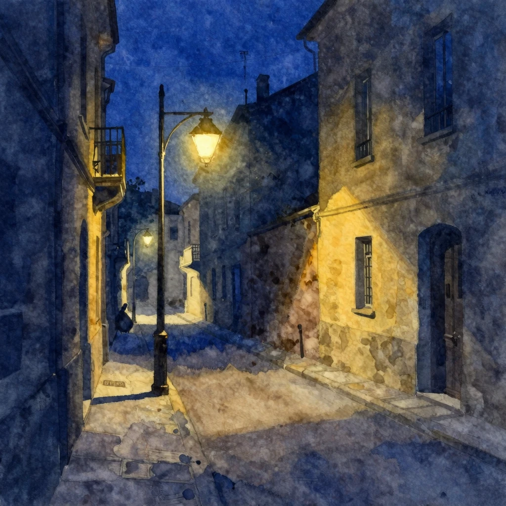 Vibrant watercolor painting of a quiet night city street sce...