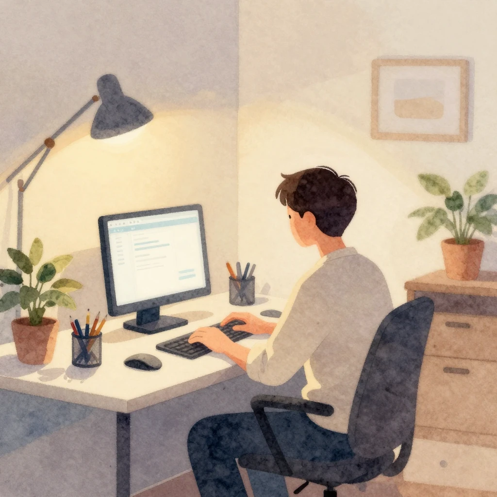 Watercolor style illustration of a person working at a desk ...