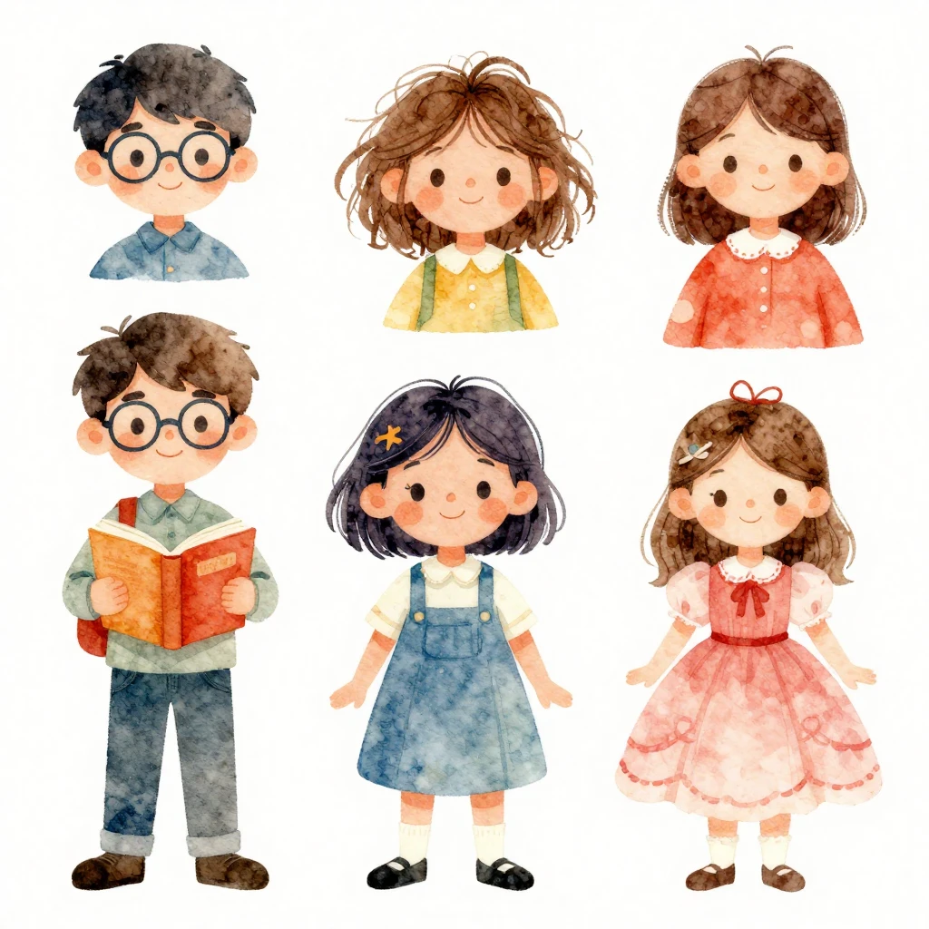 Watercolor style illustration of diverse children in a brigh...