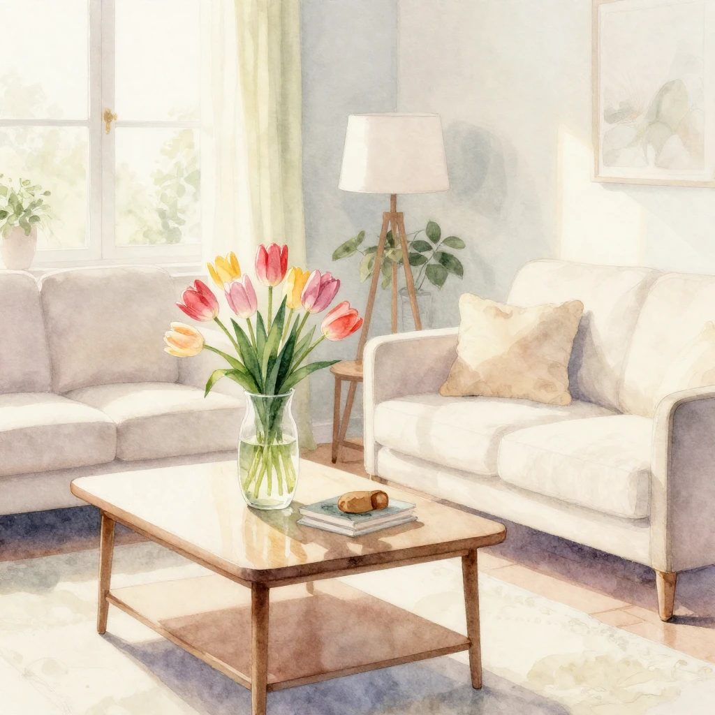 Watercolor painting of a sunlit living room with soft pastel...