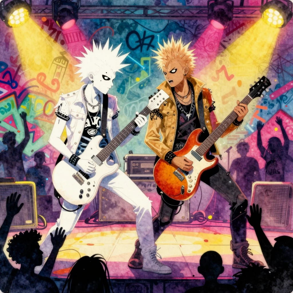 Two punk-rock cats, one white and one latte-colored, intense...
