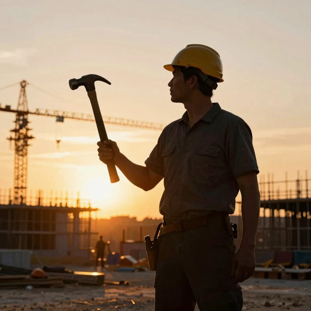 A silhouette of a man holding a hammer, standing against a v...