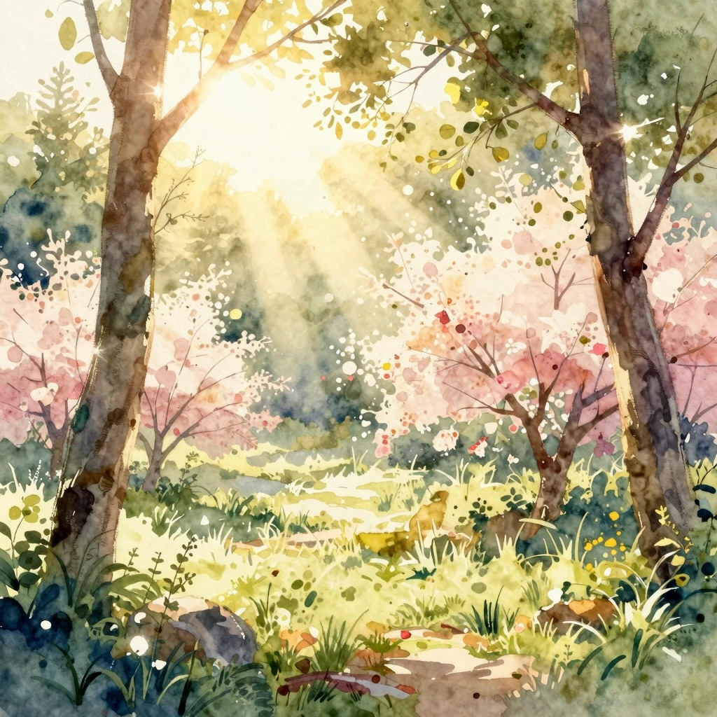 A picturesque nature scene in watercolor style, bathed in wa...