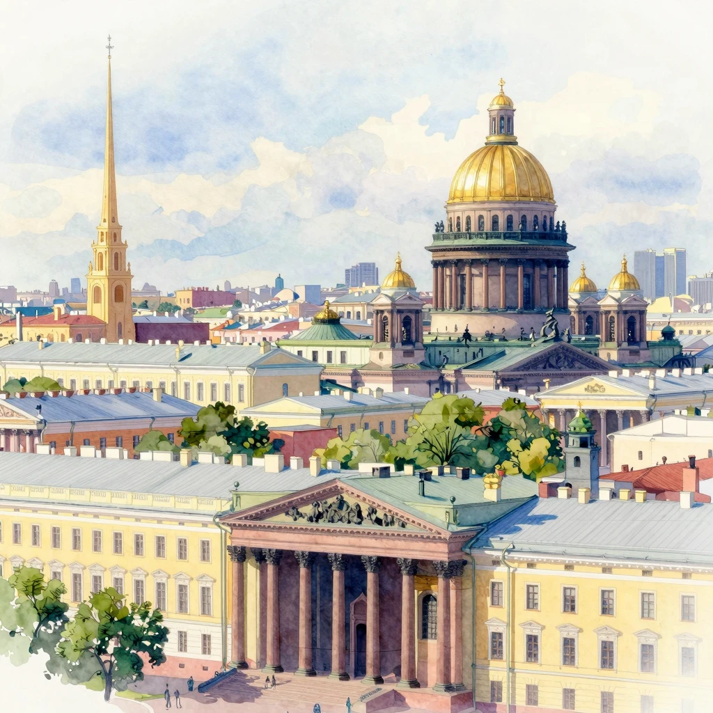 A stylized cityscape of Saint Petersburg, featuring its dist...