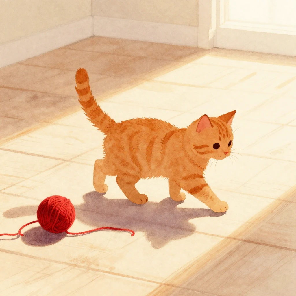 A fluffy ginger kitten silhouette with a long tail is playfu...