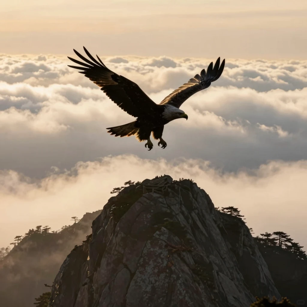 A silhouette of an eagle soaring high above a majestic mount...