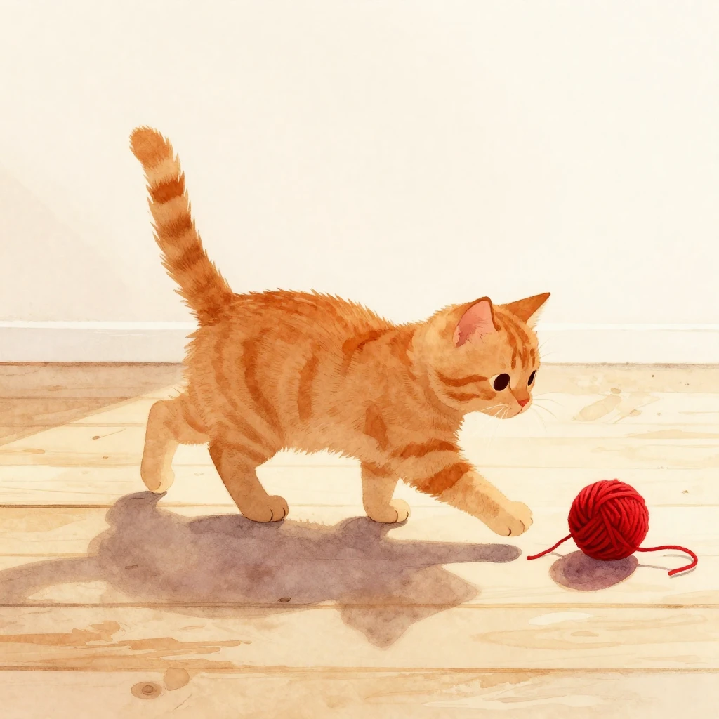 A fluffy ginger kitten silhouette with a long tail is playfu...