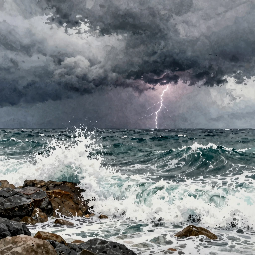 A vast, dark stormy sea with enormous crashing waves against...