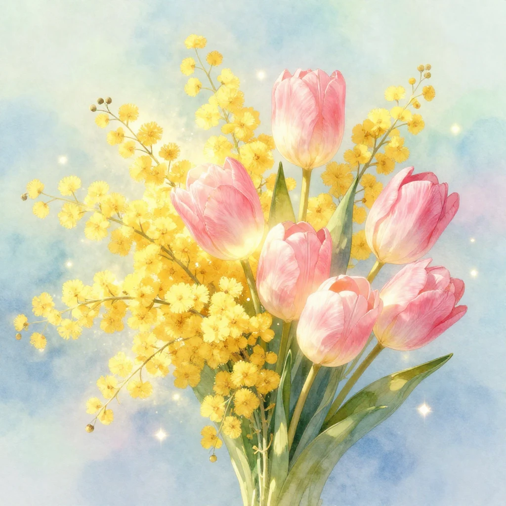 A soft and dreamy watercolor illustration of a glowing bouqu...