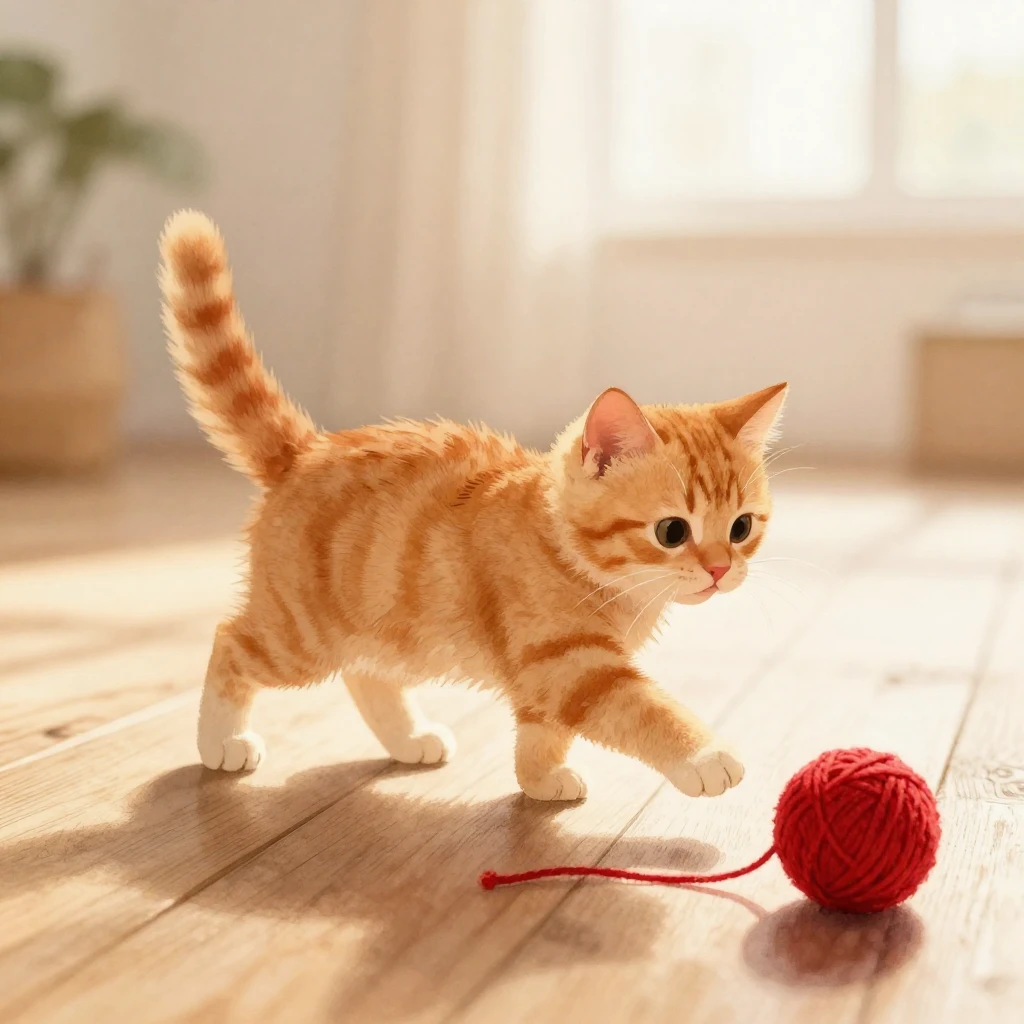 A fluffy ginger kitten silhouette with a playful look, chasi...