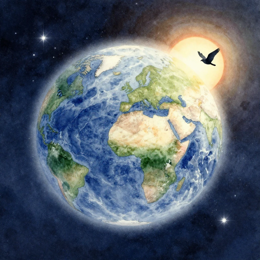 A watercolor depiction of a tranquil planet Earth, bathed in...