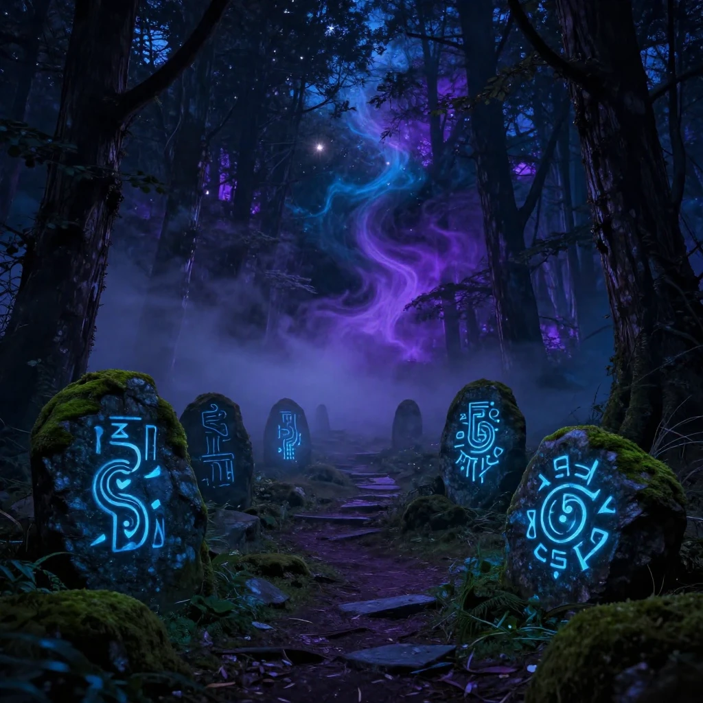 A dark, ancient mystical forest at night, with glowing magic...