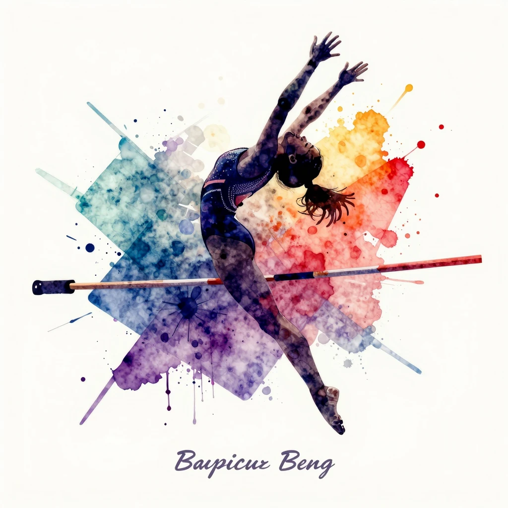Watercolor painting of a gymnast silhouette performing a hig...