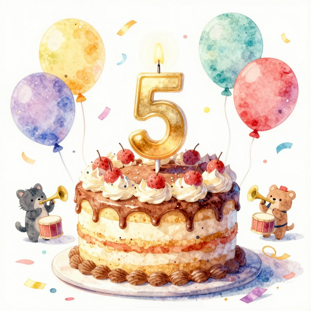 Watercolor painting of a festive birthday cake with a large ...