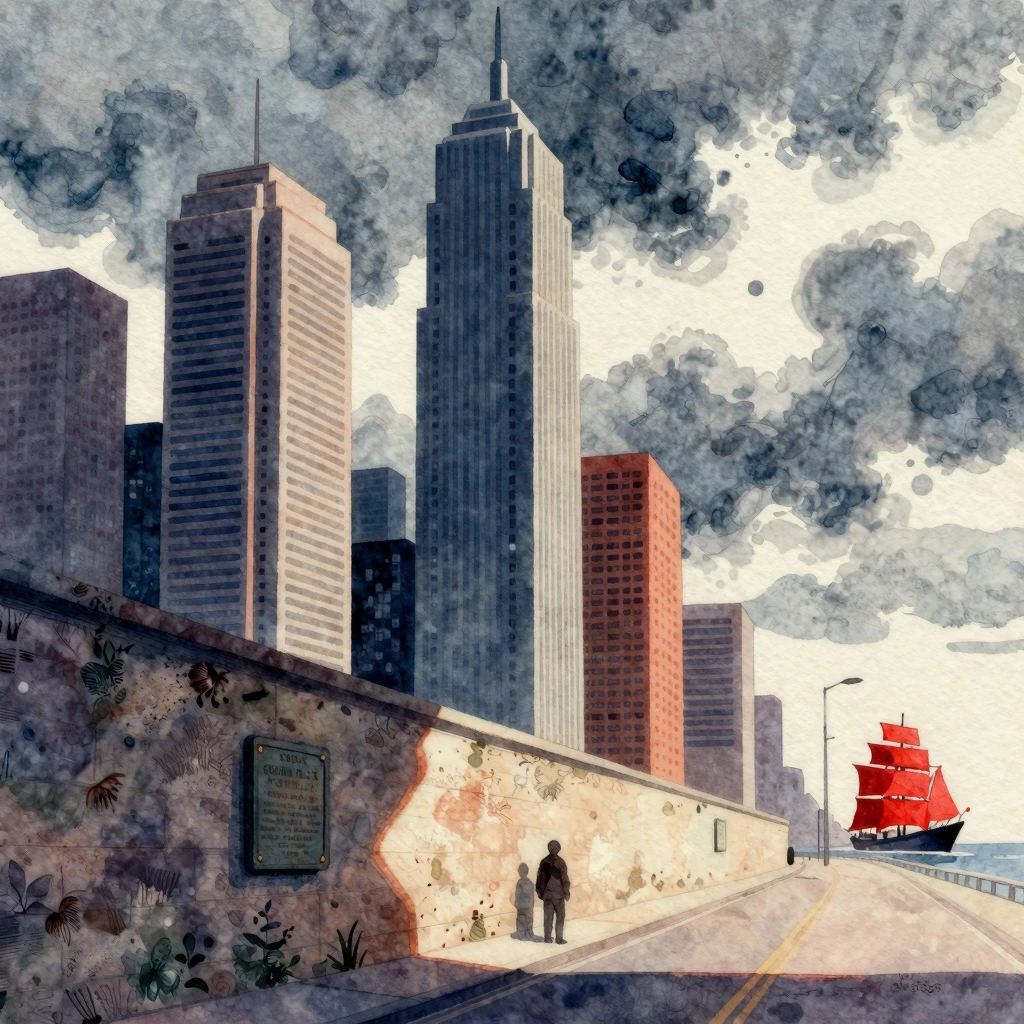 Watercolor illustration of a stylized urban city. Tall skysc...