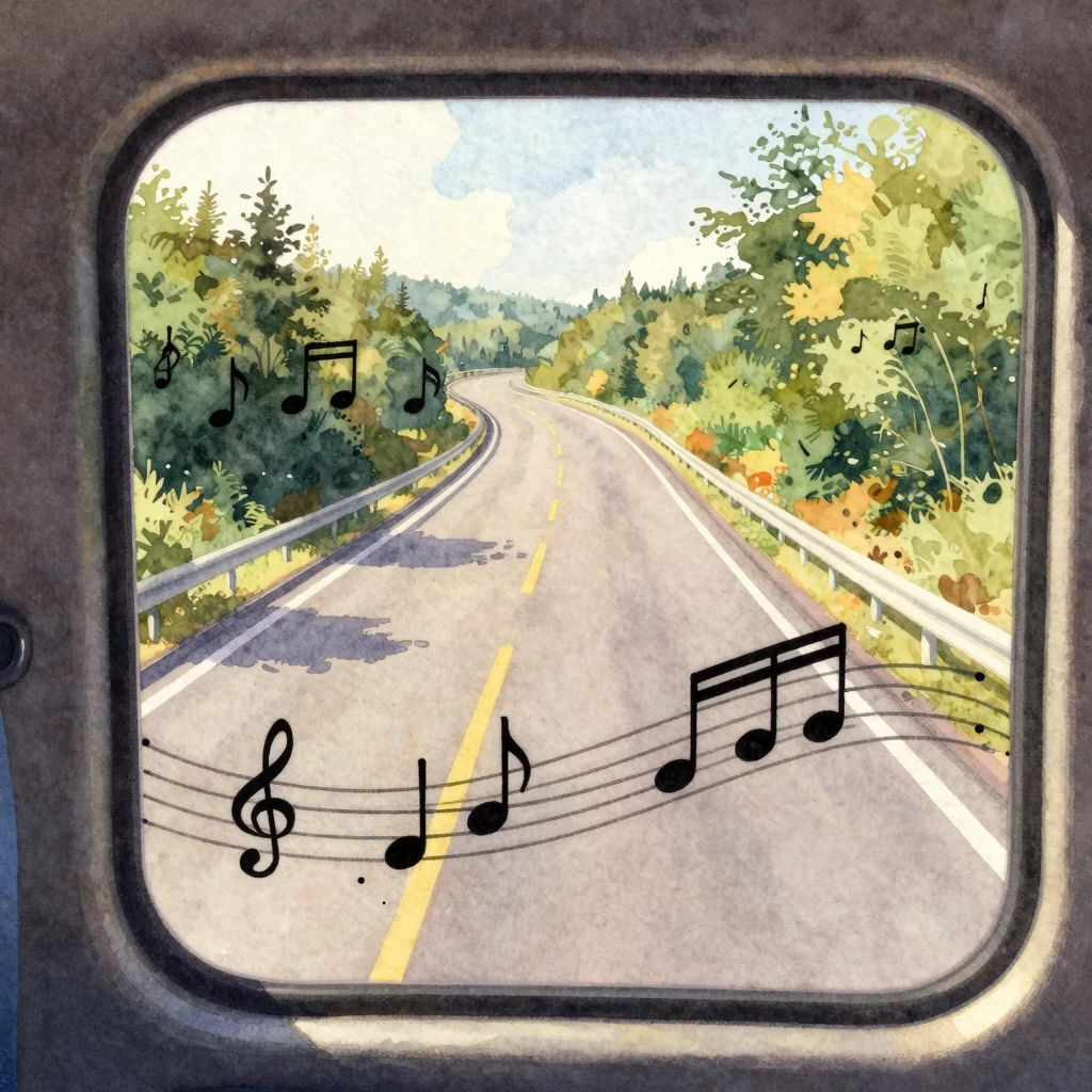 A vibrant watercolor painting depicting a winding highway se...