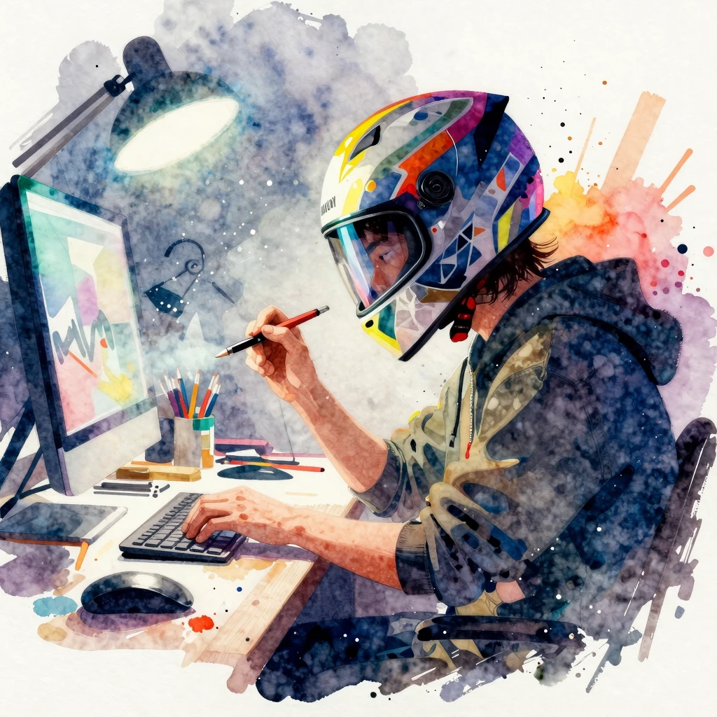 Artistic watercolor illustration of a creative person workin...
