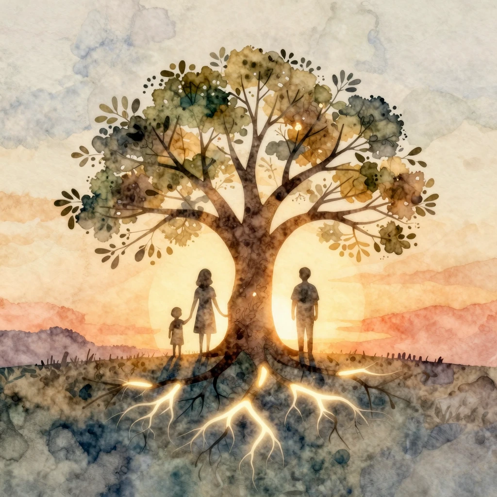 Watercolor style illustration of a stylized family tree silh...