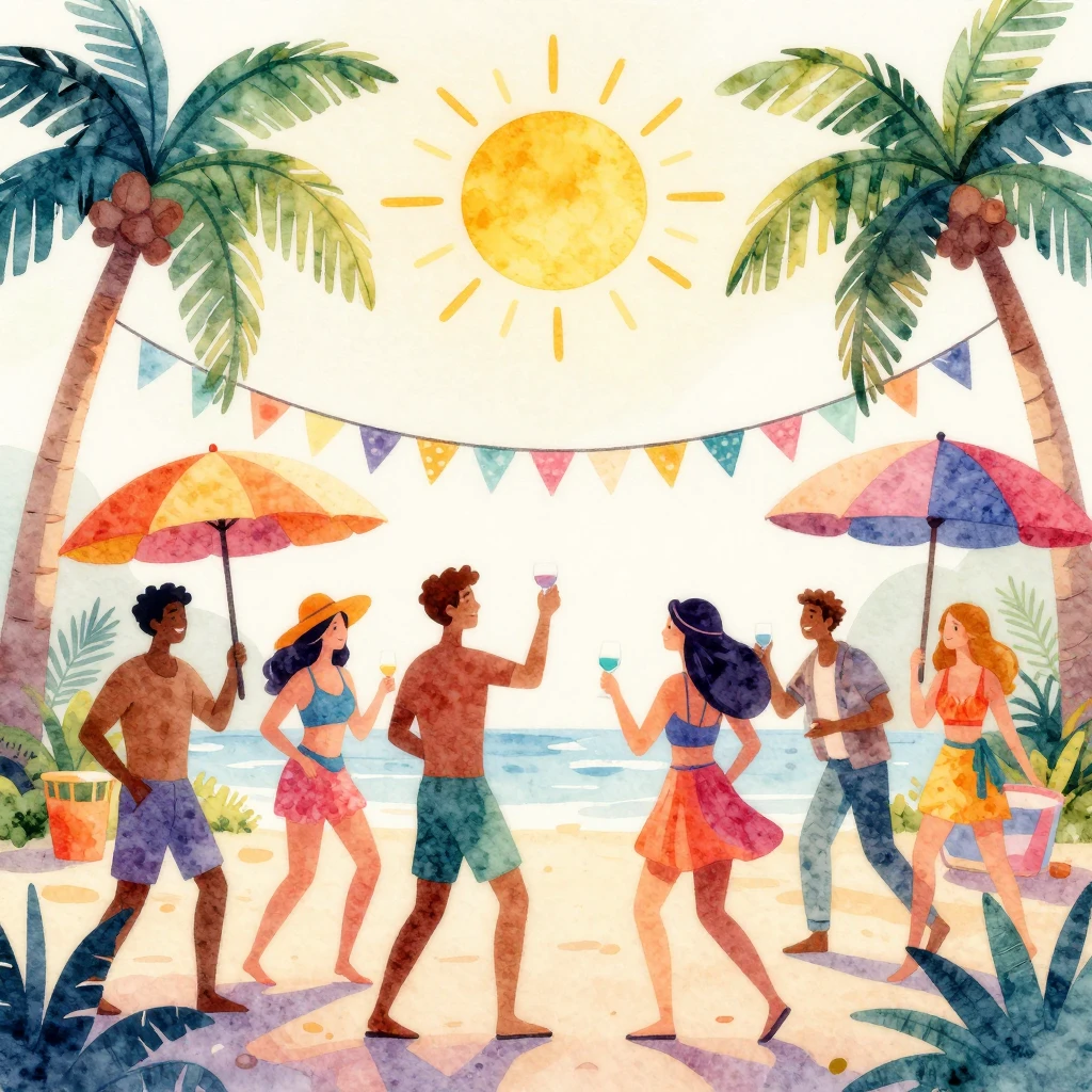 Vibrant watercolor style illustration depicting a lively tro...