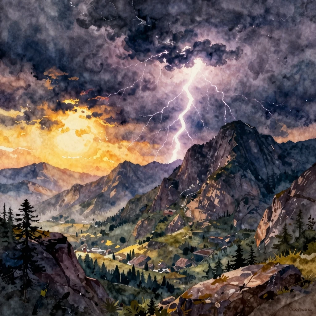 Vibrant watercolor style. Rugged mountain landscape under a ...