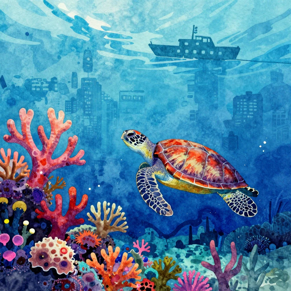 An artistic watercolor-style depiction of an underwater scen...
