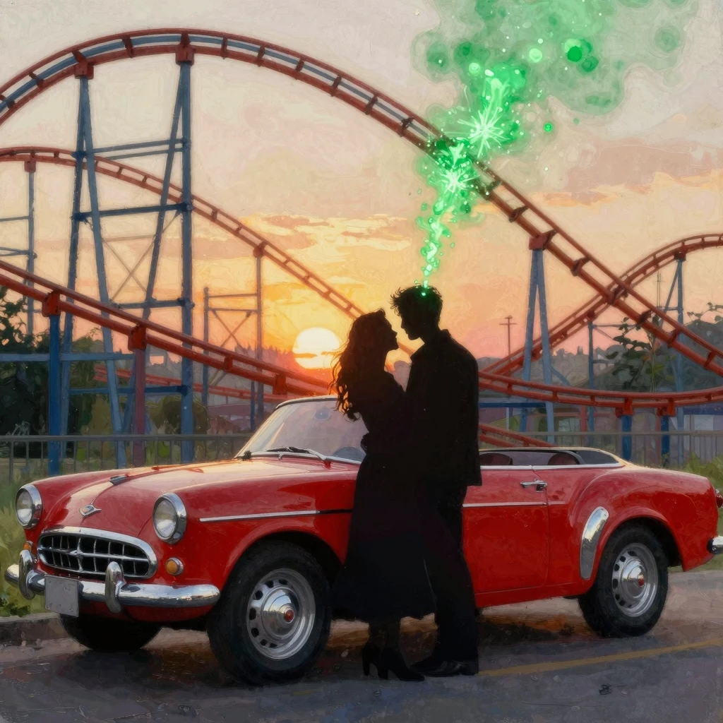 A romantic silhouette of a couple standing near a vintage cr...