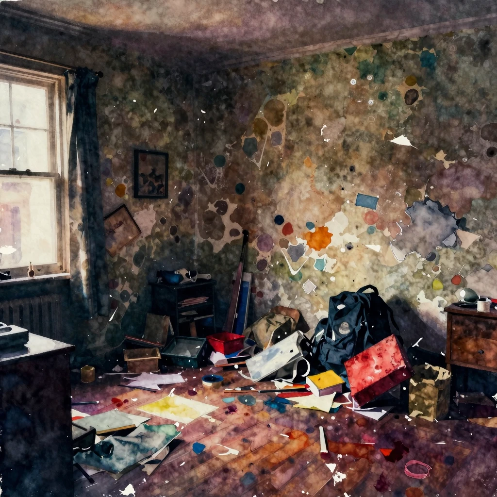 Vibrant watercolor in a grunge style, messy room with peelin...