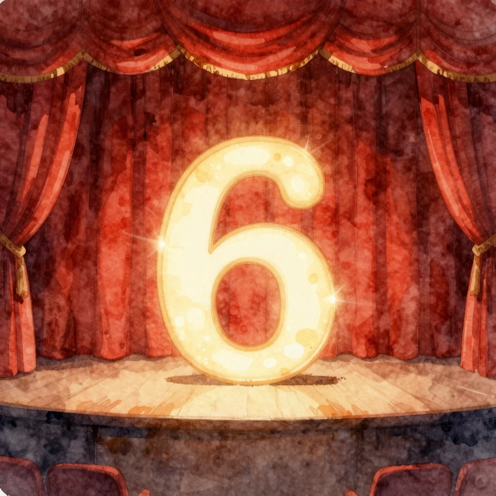 Watercolor style illustration of a grand stage with red curt...