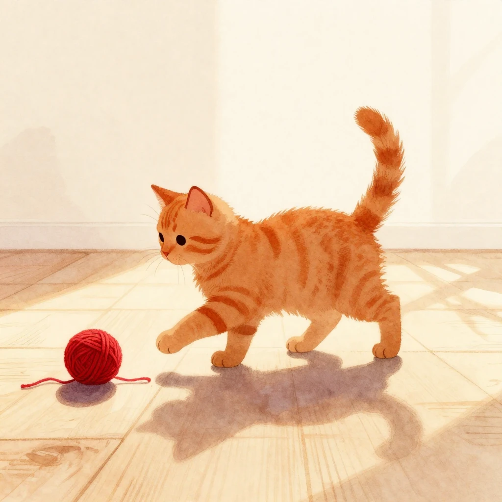 A fluffy ginger kitten silhouette with a long tail is playfu...